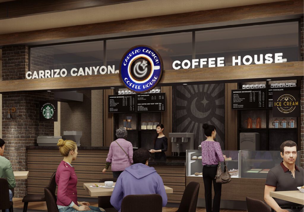 A 3D rendering of Carrizo Canyon Coffee House at Inn of the Mountain Gods.